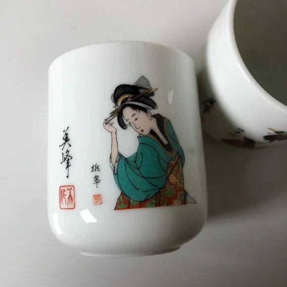 Japanese Porcelain Teacups Set Of 5 Geisha Art Red Box - Picture 11 of 11
